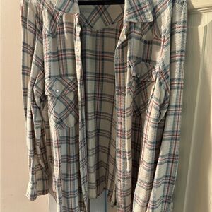 Maurices Beige and Blue Plaid Button-Down Shirt